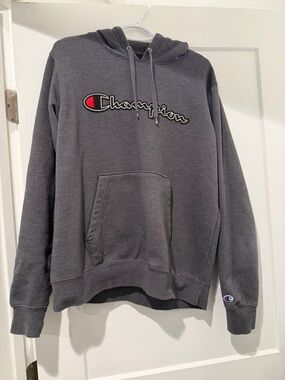 Champion Men's Hoodie - Charcoal Gray with Red Logo